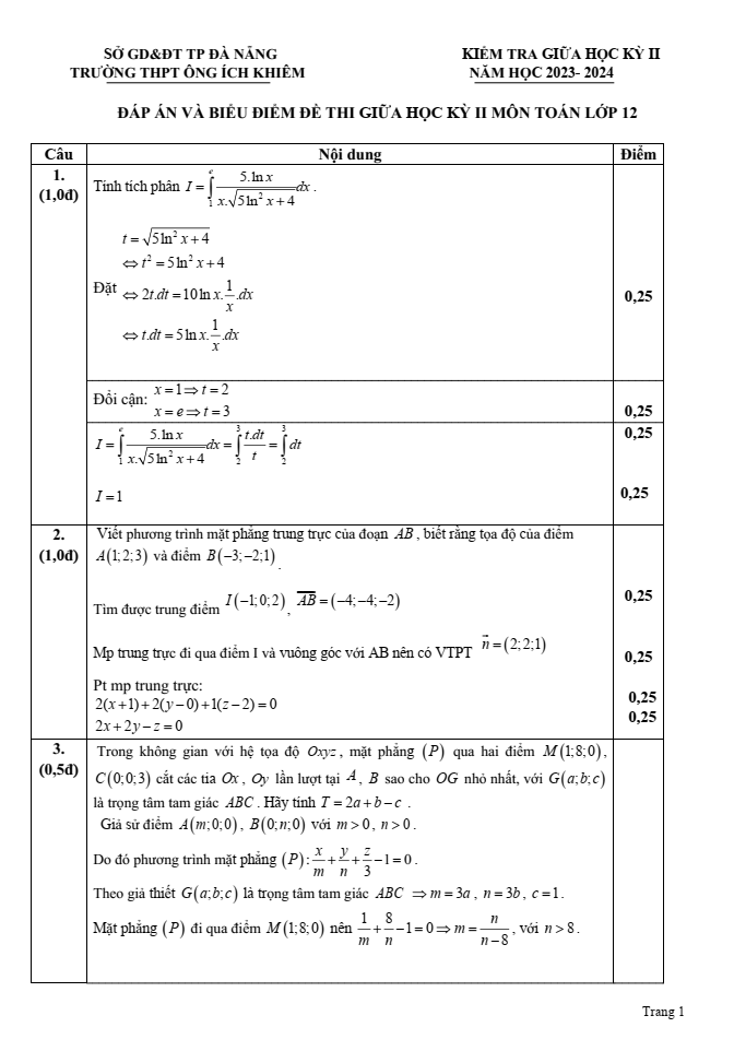 Đề thi Giữa kì 2 Toán 12 năm 2023-2024 trường THPT Ông Ích Khiêm (Đà Nẵng)