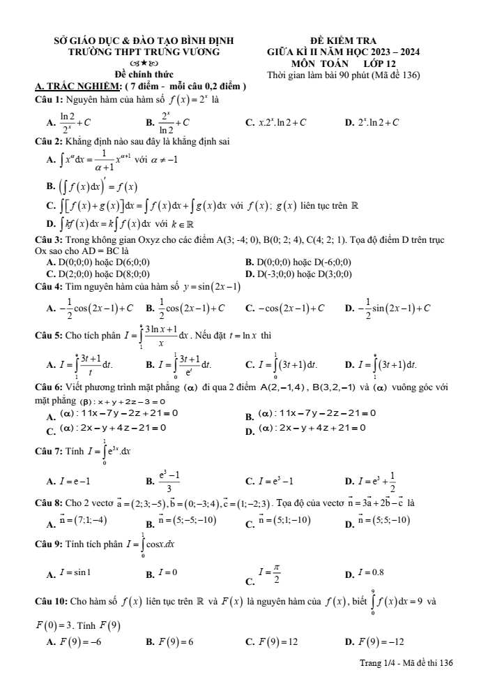 Đề thi Giữa kì 2 Toán 12 năm 2023-2024 trường THPT Trưng Vương (Bình Định)