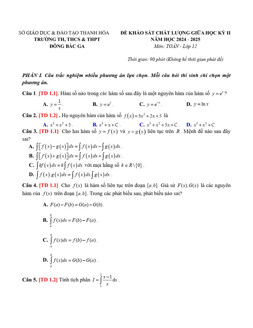Đề thi Giữa kì 2 Toán 12 sở GD&ĐT Thanh Hóa năm 2024-2025