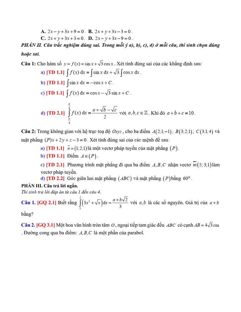 Đề thi Giữa kì 2 Toán 12 sở GD&ĐT Thanh Hóa năm 2024-2025