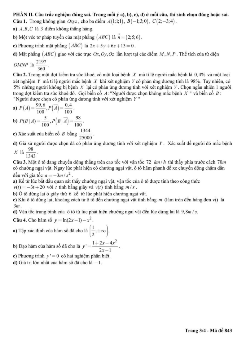 Đề thi Giữa kì 2 Toán 12 trường chuyên Lê Hồng Phong (Nam Định) năm 2024-2025