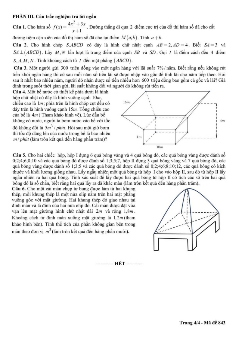 Đề thi Giữa kì 2 Toán 12 trường chuyên Lê Hồng Phong (Nam Định) năm 2024-2025