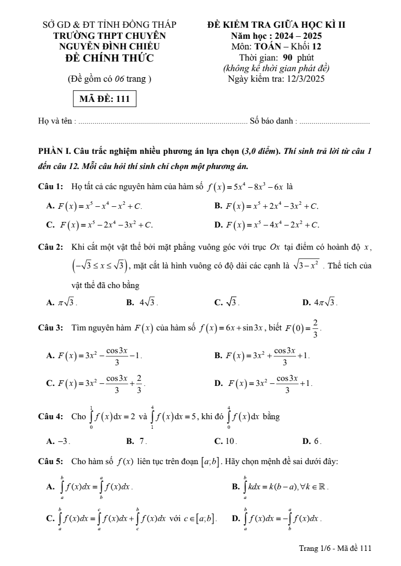 Đề thi Giữa kì 2 Toán 12 trường chuyên Nguyễn Đình Chiểu (Đồng Tháp) năm 2024-2025