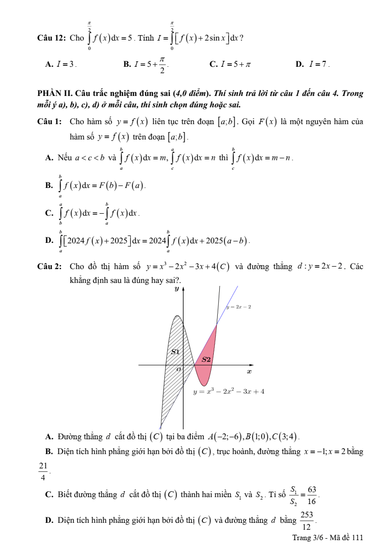 Đề thi Giữa kì 2 Toán 12 trường chuyên Nguyễn Đình Chiểu (Đồng Tháp) năm 2024-2025