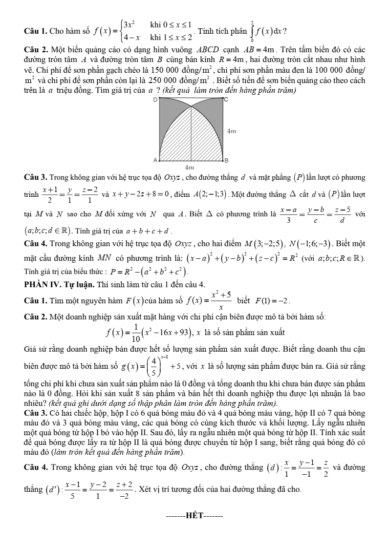 Đề thi Giữa kì 2 Toán 12 trường Hà Long (Long An) năm 2024-2025