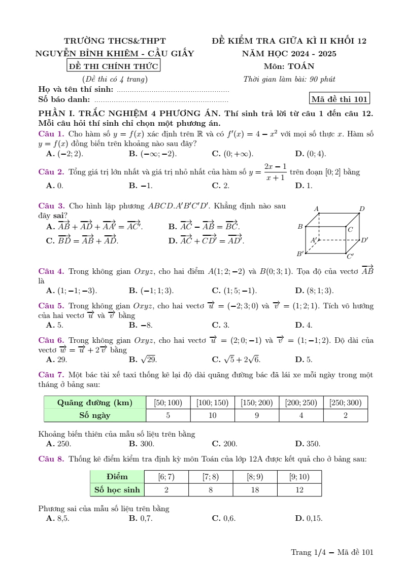 Đề thi Giữa kì 2 Toán 12 trường Nguyễn Bỉnh Khiêm (Hà Nội) năm 2024-2025