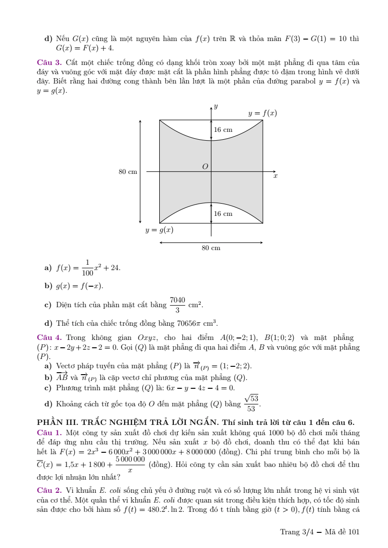 Đề thi Giữa kì 2 Toán 12 trường Nguyễn Bỉnh Khiêm (Hà Nội) năm 2024-2025