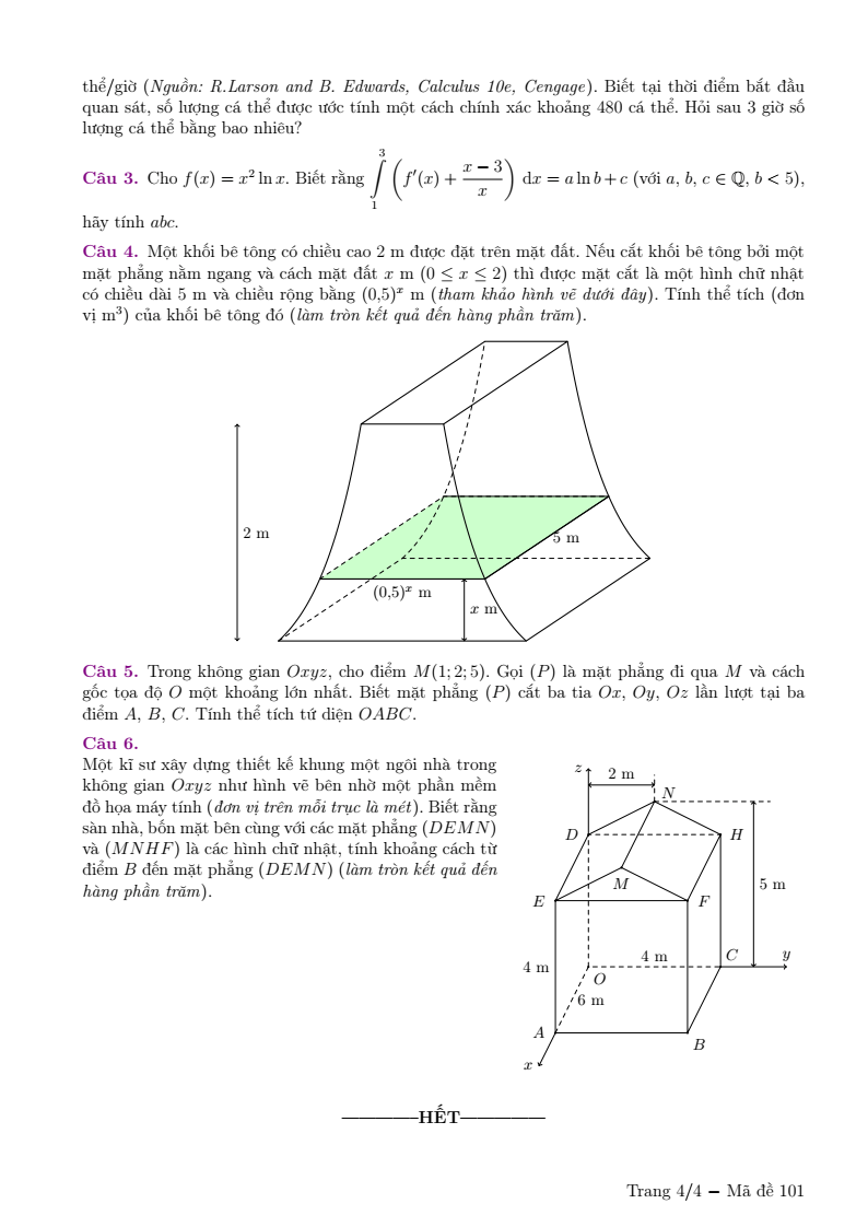 Đề thi Giữa kì 2 Toán 12 trường Nguyễn Bỉnh Khiêm (Hà Nội) năm 2024-2025