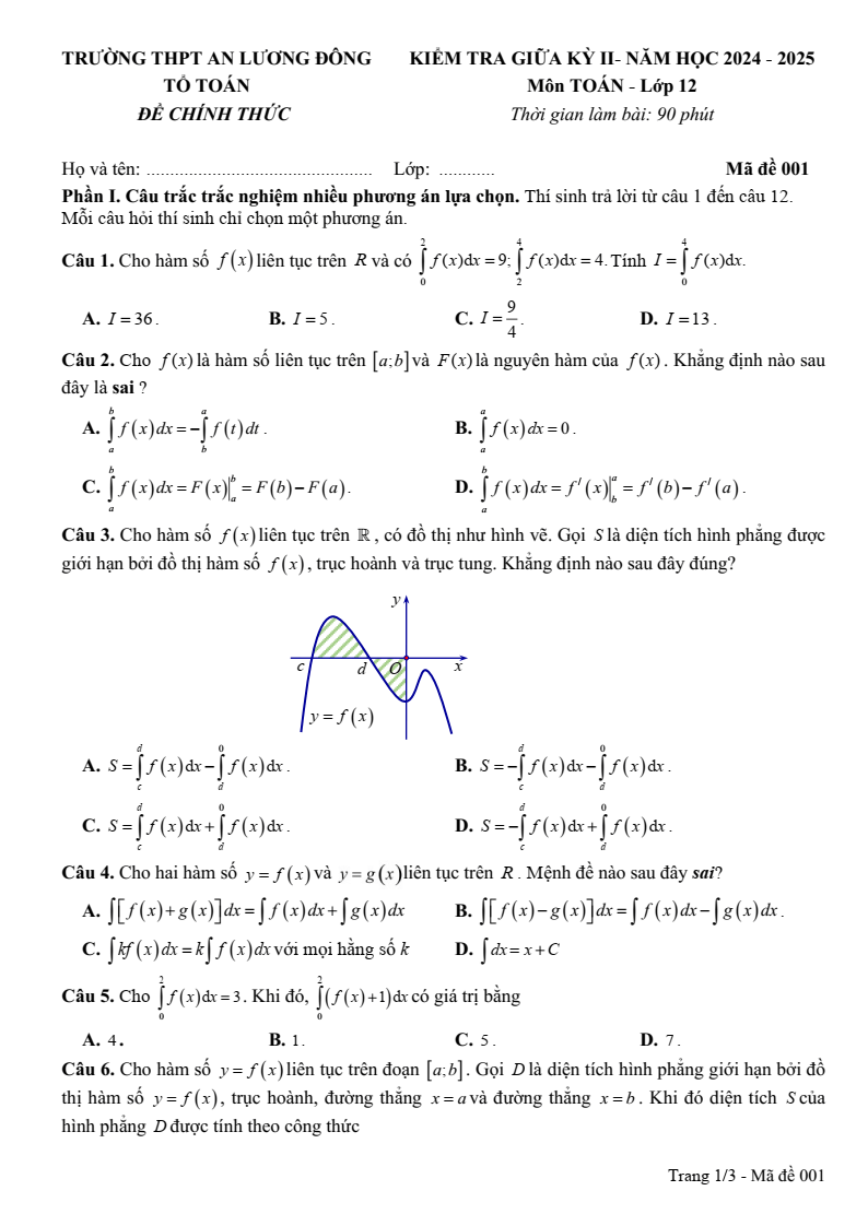 Đề thi Giữa kì 2 Toán 12 trường THPT An Lương Đông (Huế) năm 2024-2025