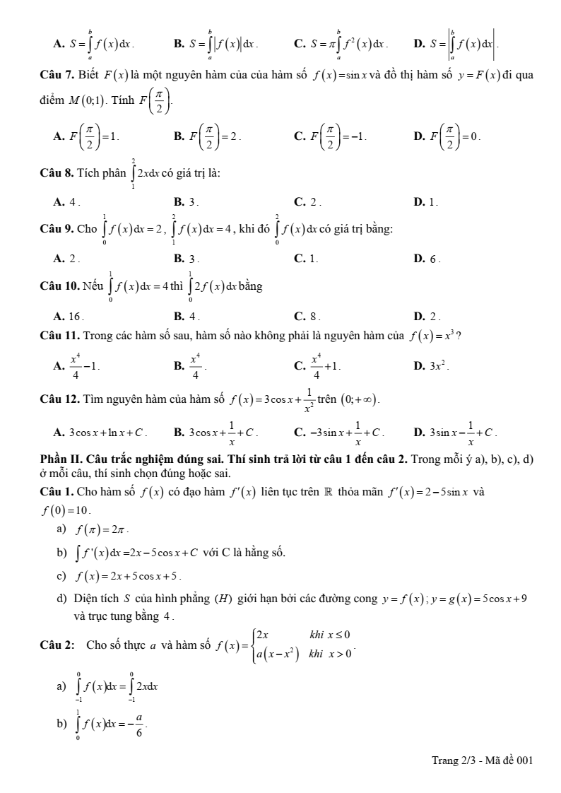 Đề thi Giữa kì 2 Toán 12 trường THPT An Lương Đông (Huế) năm 2024-2025
