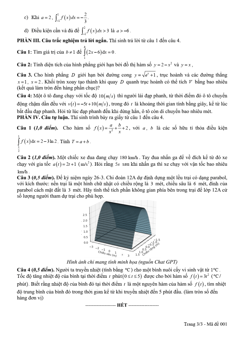 Đề thi Giữa kì 2 Toán 12 trường THPT An Lương Đông (Huế) năm 2024-2025