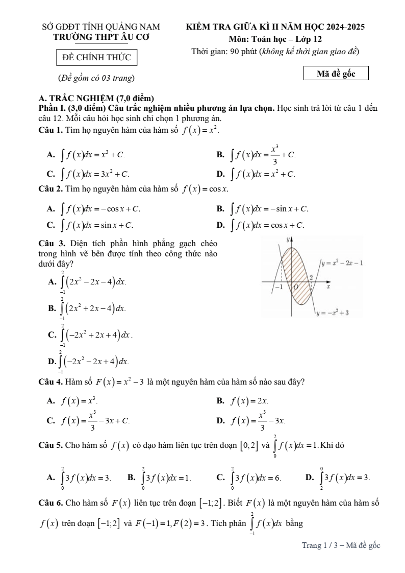 Đề thi Giữa kì 2 Toán 12 trường THPT Âu Cơ (Quảng Nam) năm 2024-2025