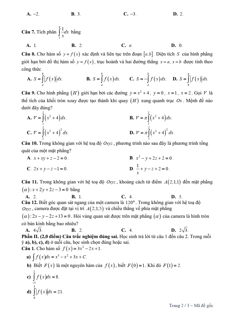 Đề thi Giữa kì 2 Toán 12 trường THPT Âu Cơ (Quảng Nam) năm 2024-2025