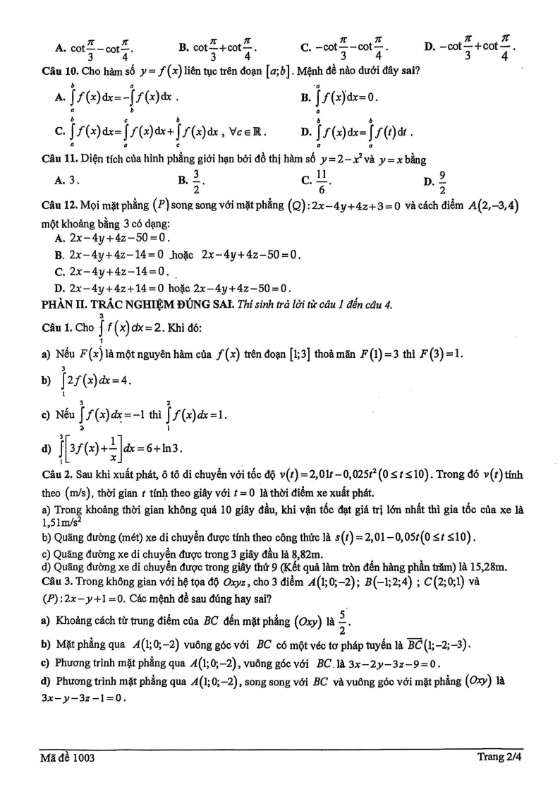Đề thi Giữa kì 2 Toán 12 trường THPT B Trần Hưng Đạo (Ninh Bình) năm 2025-2026