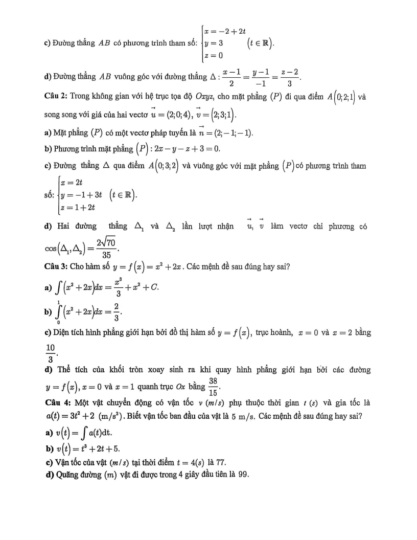 Đề thi Giữa kì 2 Toán 12 trường THPT Bùi Hữu Nghĩa (Cần Thơ) năm 2025-2026