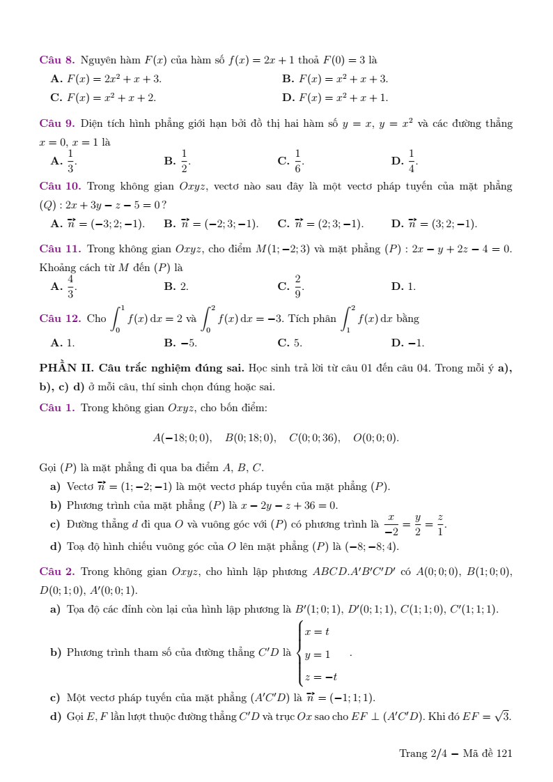 Đề thi Giữa kì 2 Toán 12 trường THPT Chuyên Lương Thế Vinh (Đồng Nai) năm 2025-2026