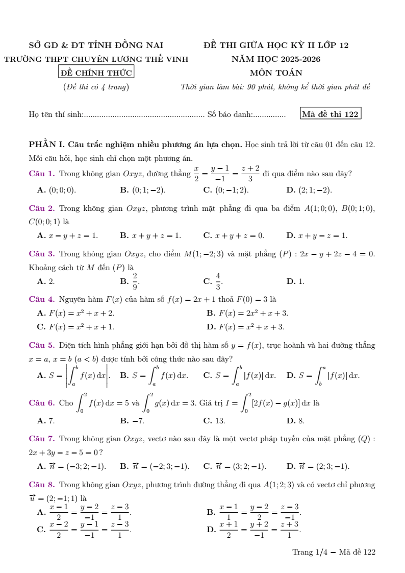 Đề thi Giữa kì 2 Toán 12 trường THPT Chuyên Lương Thế Vinh (Đồng Nai) năm 2025-2026