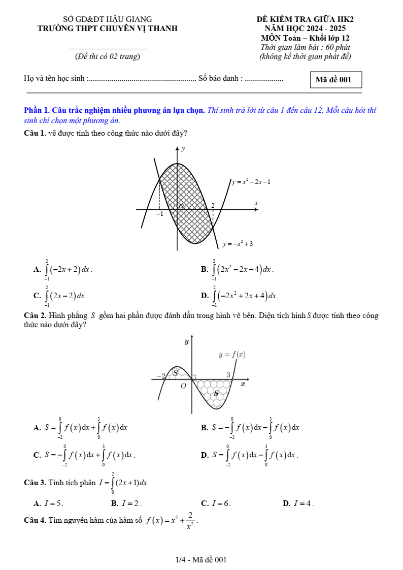 Đề thi Giữa kì 2 Toán 12 trường THPT chuyên Vị Thanh (Hậu Giang) năm 2024-2025