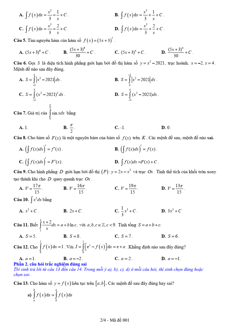 Đề thi Giữa kì 2 Toán 12 trường THPT chuyên Vị Thanh (Hậu Giang) năm 2024-2025