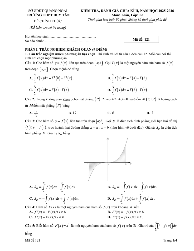 Đề thi Giữa kì 2 Toán 12 trường THPT Duy Tân (Quảng Ngãi) năm 2025-2026