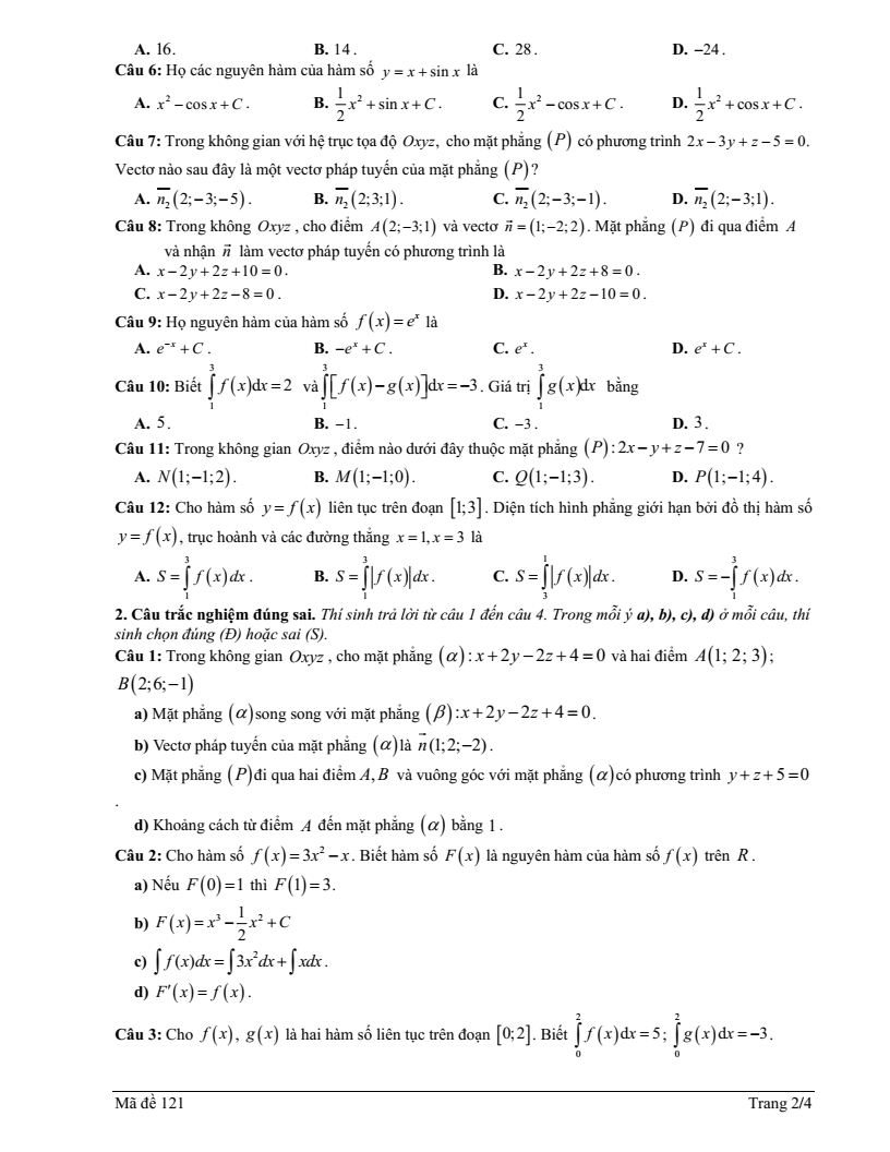 Đề thi Giữa kì 2 Toán 12 trường THPT Duy Tân (Quảng Ngãi) năm 2025-2026