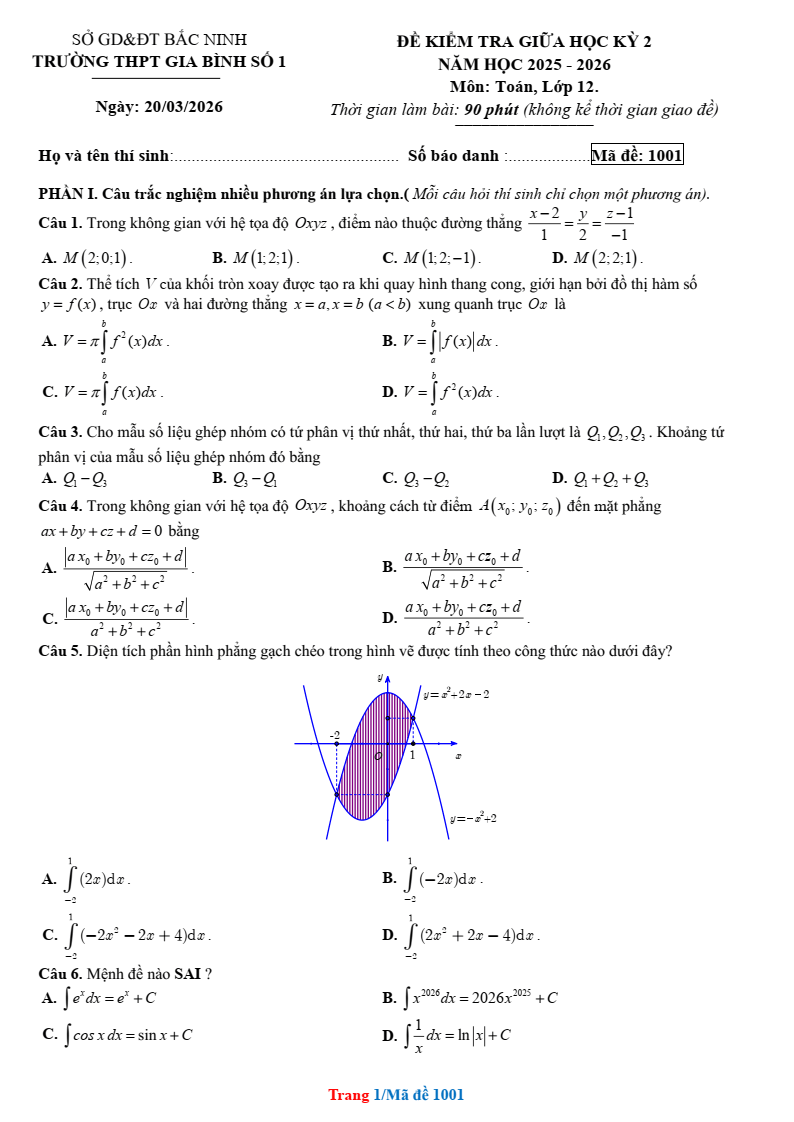 Đề thi Giữa kì 2 Toán 12 trường THPT Gia Bình Số 1 (Bắc Ninh) năm 2025-2026