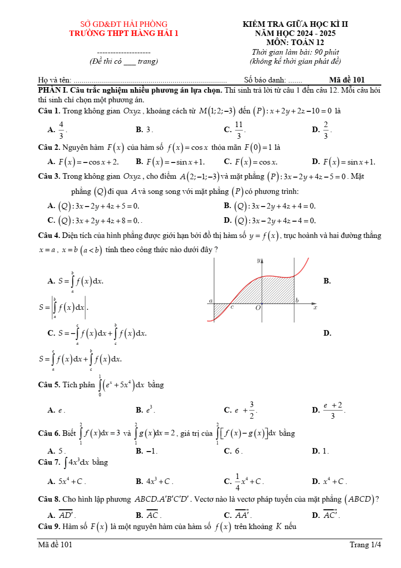 Đề thi Giữa kì 2 Toán 12 trường THPT Hàng Hải 1 (Hải Phòng) năm 2024-2025