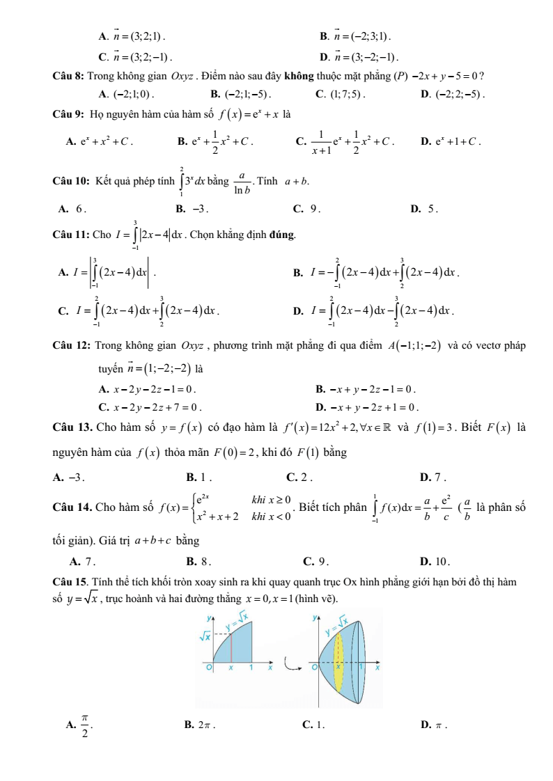 Đề thi Giữa kì 2 Toán 12 trường THPT Hướng Hóa (Quảng Trị) năm 2024-2025