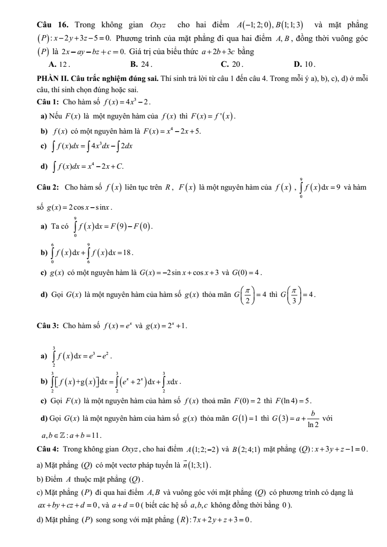 Đề thi Giữa kì 2 Toán 12 trường THPT Hướng Hóa (Quảng Trị) năm 2024-2025