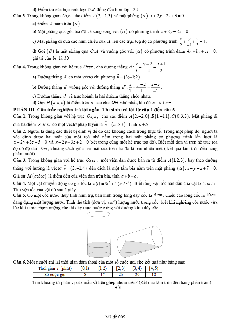 Đề thi Giữa kì 2 Toán 12 trường THPT Lạng Giang 1 (Bắc Giang) năm 2024-2025