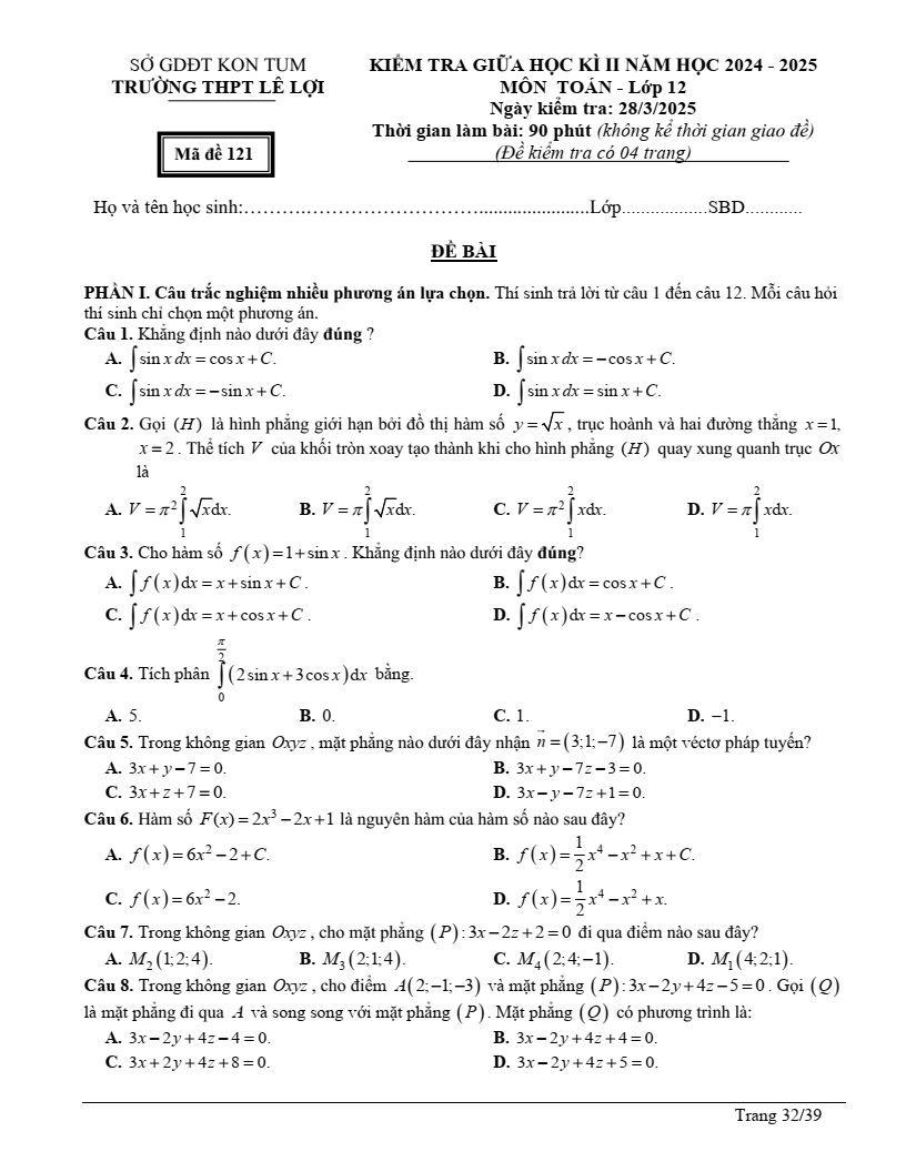 Đề thi Giữa kì 2 Toán 12 trường THPT Lê Lợi (Kon Tum) năm 2024-2025