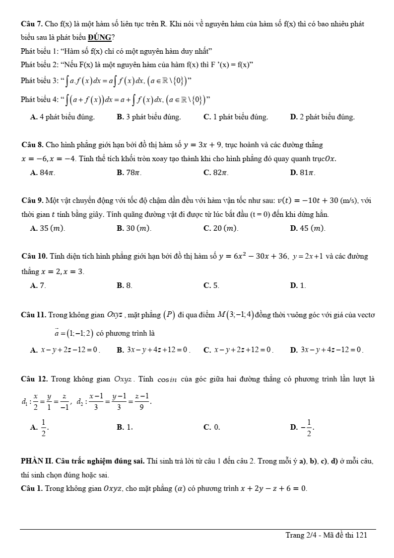 Đề thi Giữa kì 2 Toán 12 trường THPT Lương Thế Vinh (TP HCM) năm 2025-2026