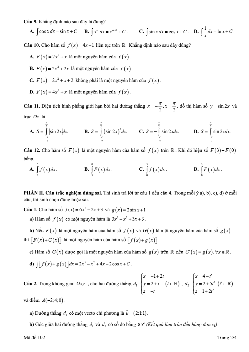 Đề thi Giữa kì 2 Toán 12 trường THPT Mạc Đĩnh Chi (Hải Phòng) năm 2025-2026