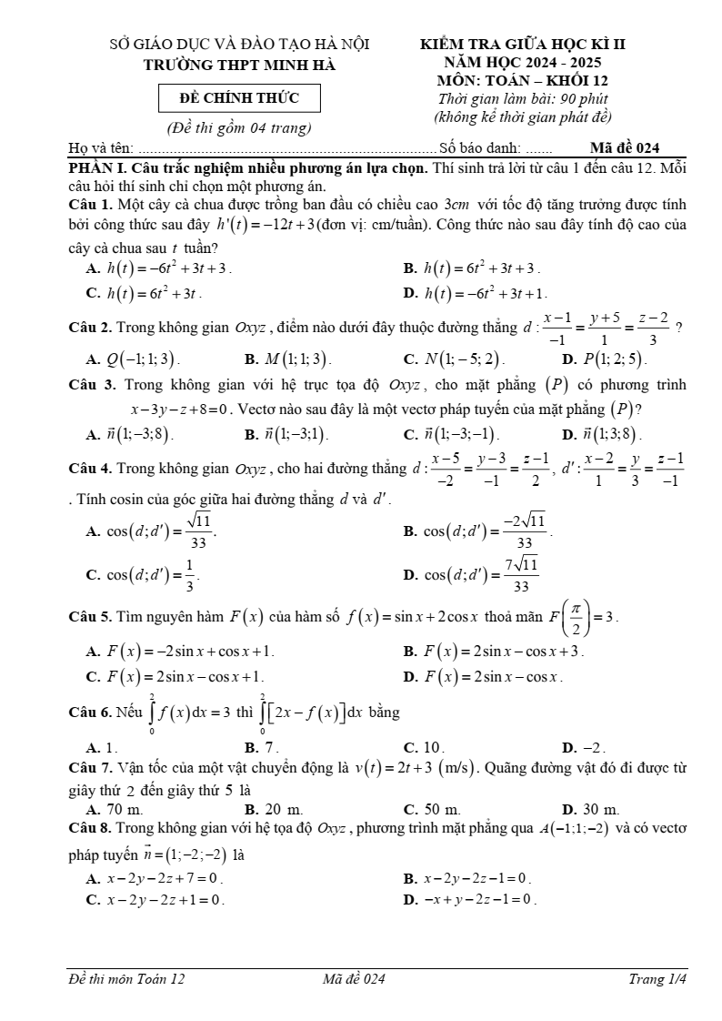 Đề thi Giữa kì 2 Toán 12 trường THPT Minh Hà (Hà Nội) năm 2024-2025