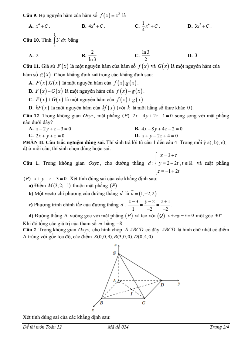 Đề thi Giữa kì 2 Toán 12 trường THPT Minh Hà (Hà Nội) năm 2024-2025