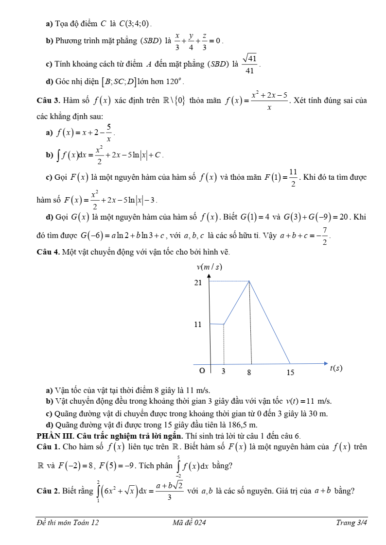 Đề thi Giữa kì 2 Toán 12 trường THPT Minh Hà (Hà Nội) năm 2024-2025