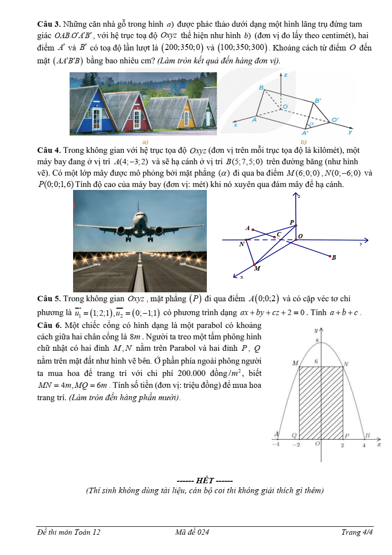 Đề thi Giữa kì 2 Toán 12 trường THPT Minh Hà (Hà Nội) năm 2024-2025