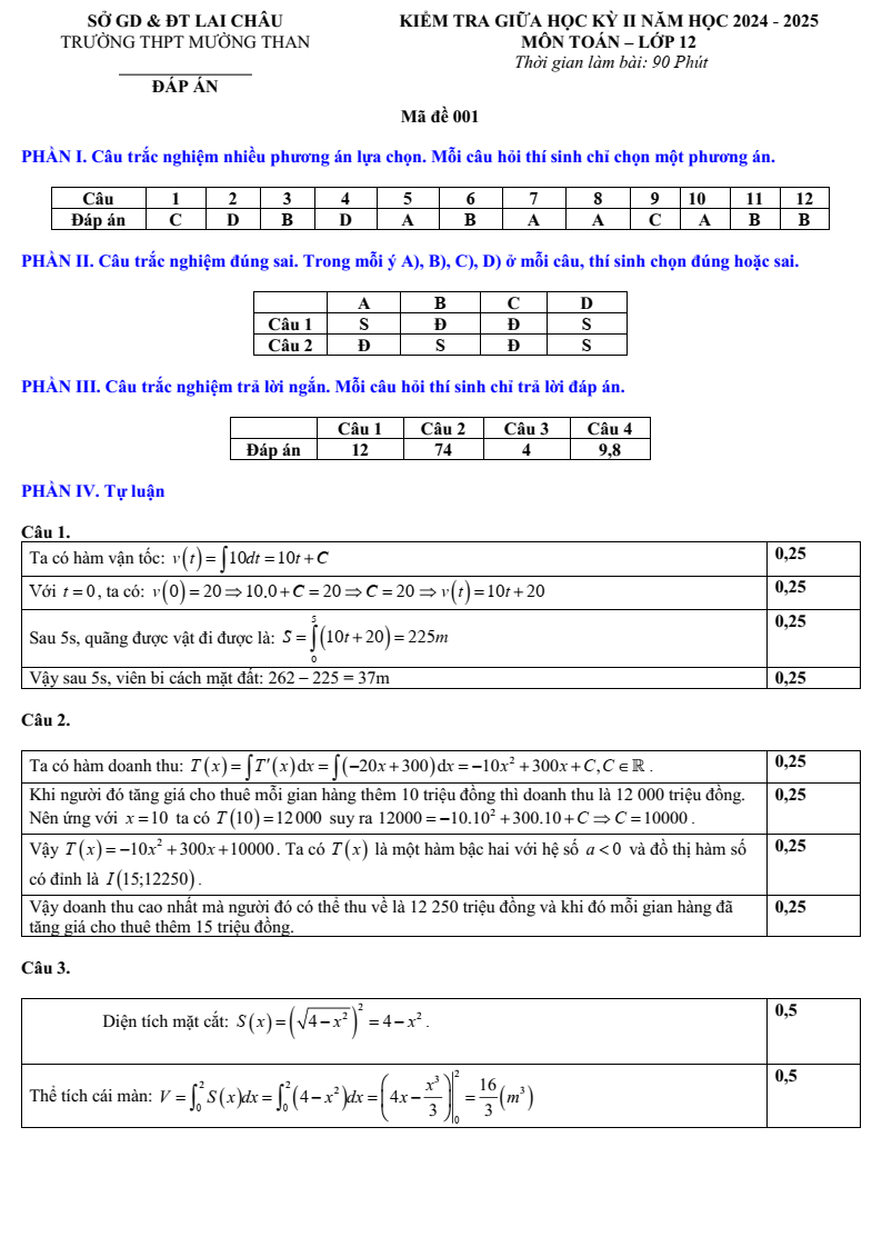 Đề thi Giữa kì 2 Toán 12 trường THPT Mường Than (Lai Châu) năm 2024-2025