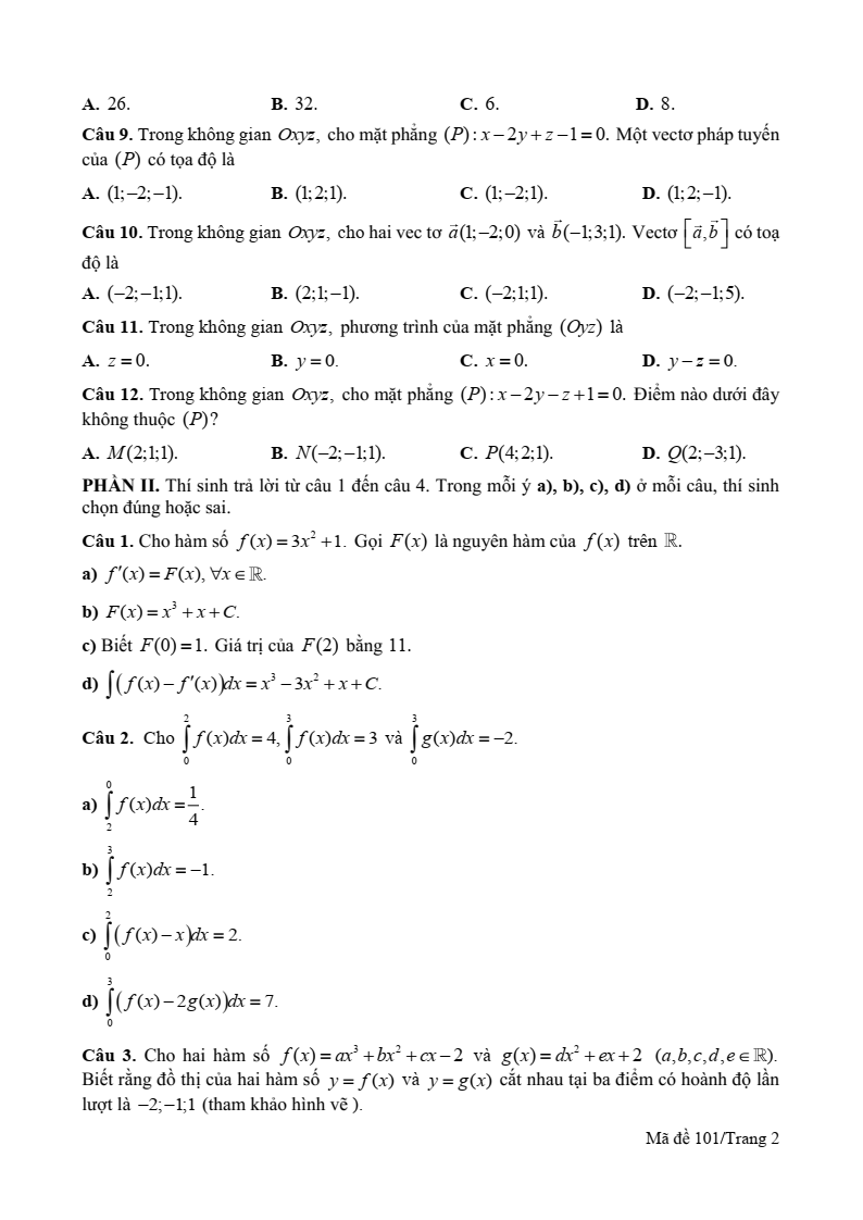 Đề thi Giữa kì 2 Toán 12 trường THPT Ngô Gia Tự (Phú Yên) năm 2024-2025