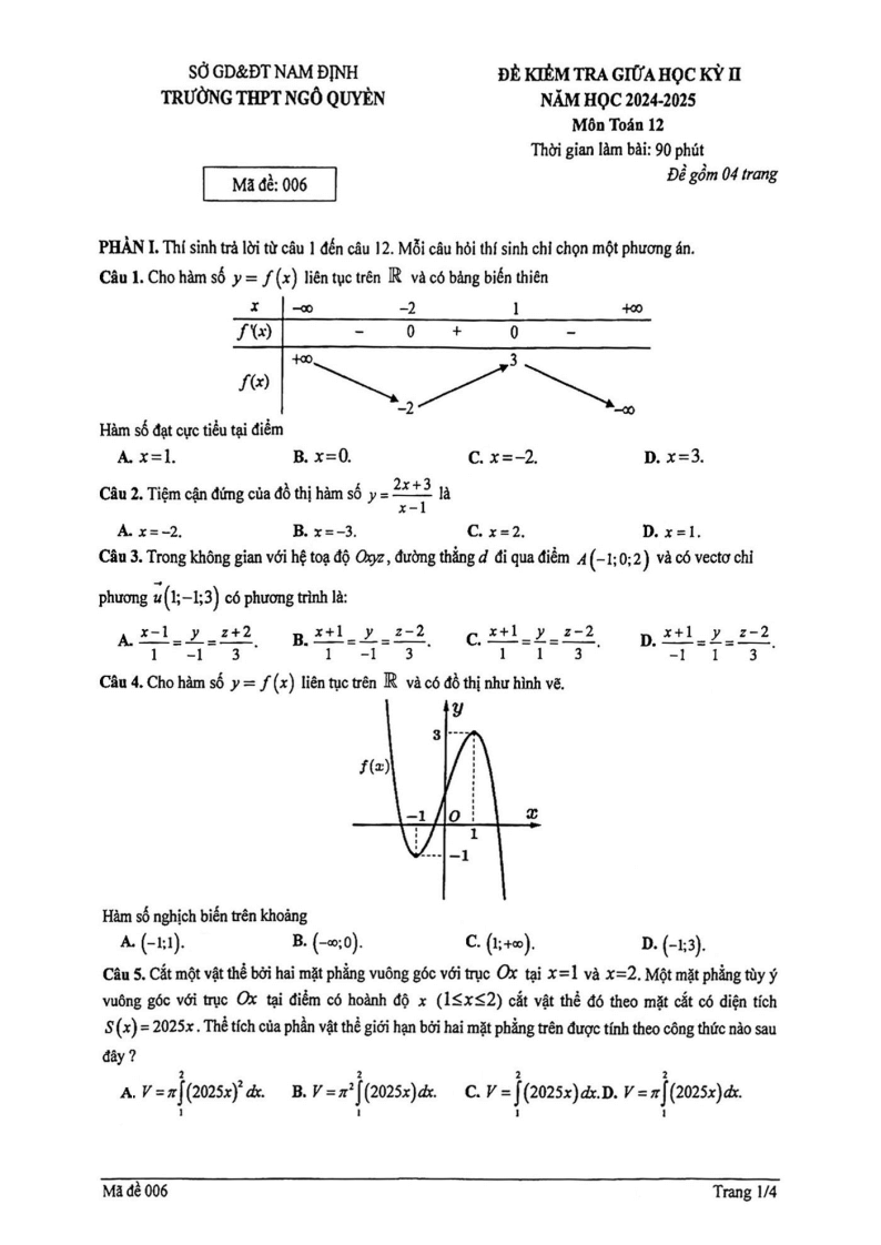 Đề thi Giữa kì 2 Toán 12 trường THPT Ngô Quyền (Nam Định) năm 2024-2025