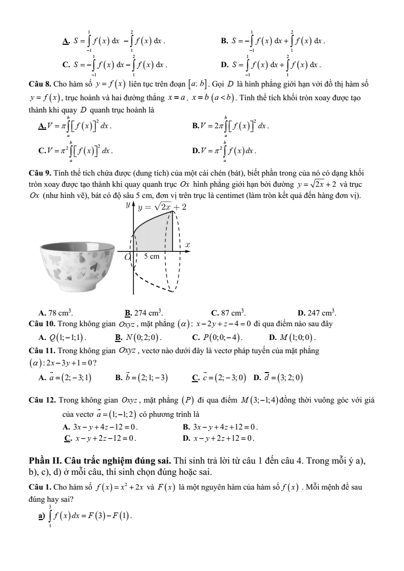 Đề thi Giữa kì 2 Toán 12 trường THPT Ngọc Lặc (Thanh Hóa) năm 2024-2025