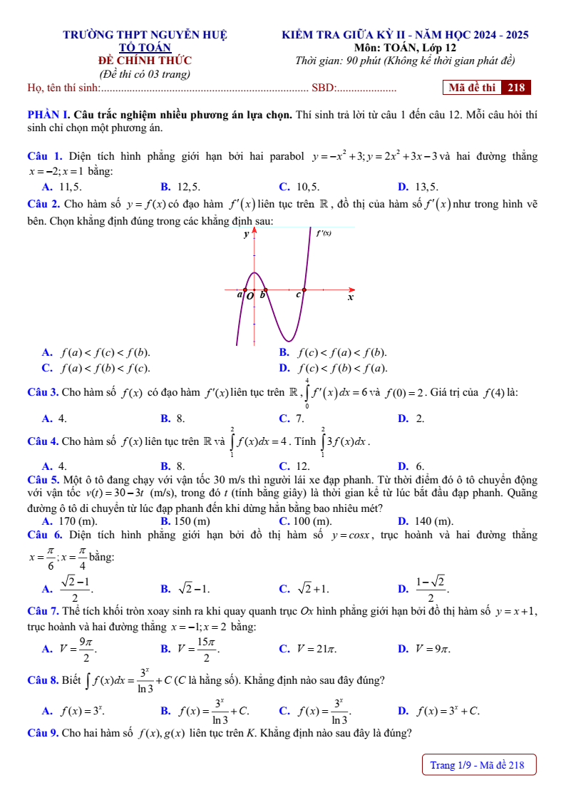 Đề thi Giữa kì 2 Toán 12 trường THPT Nguyễn Huệ (Huế) năm 2024-2025