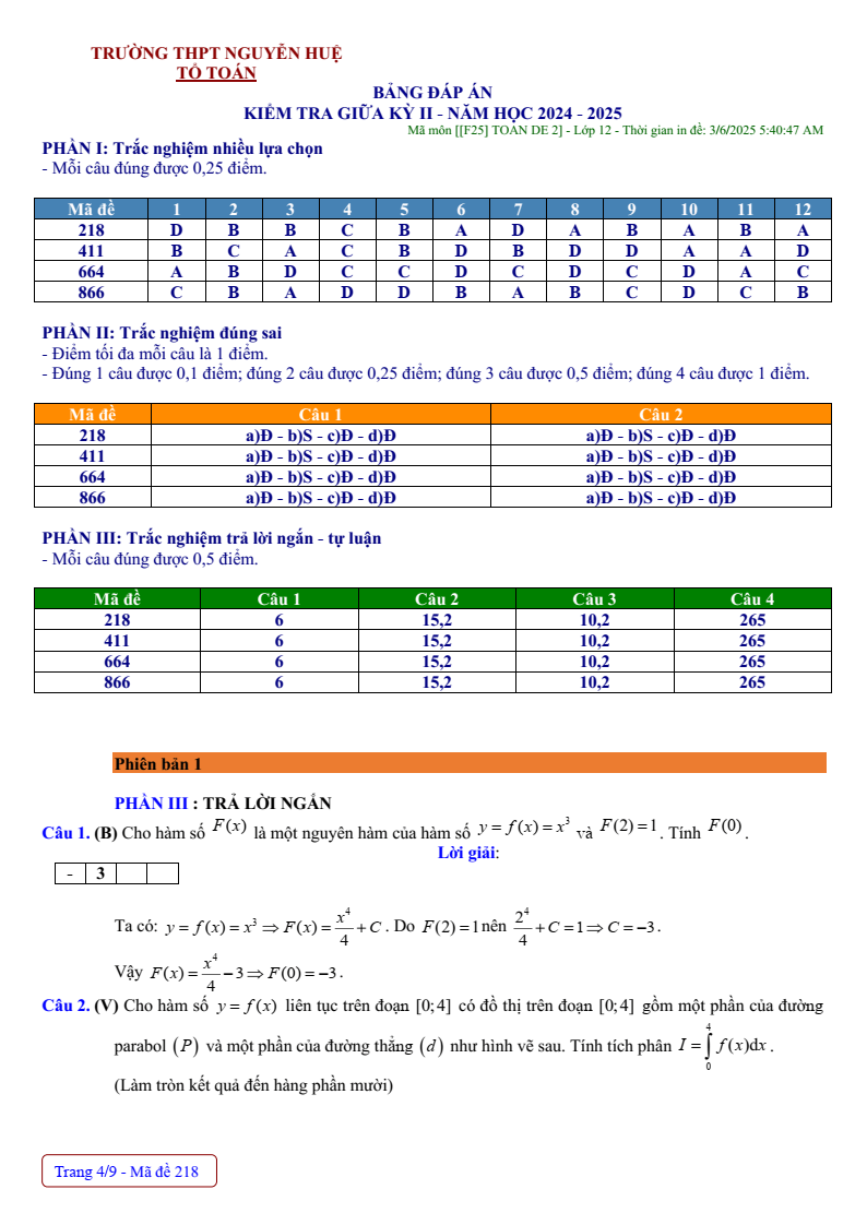 Đề thi Giữa kì 2 Toán 12 trường THPT Nguyễn Huệ (Huế) năm 2024-2025