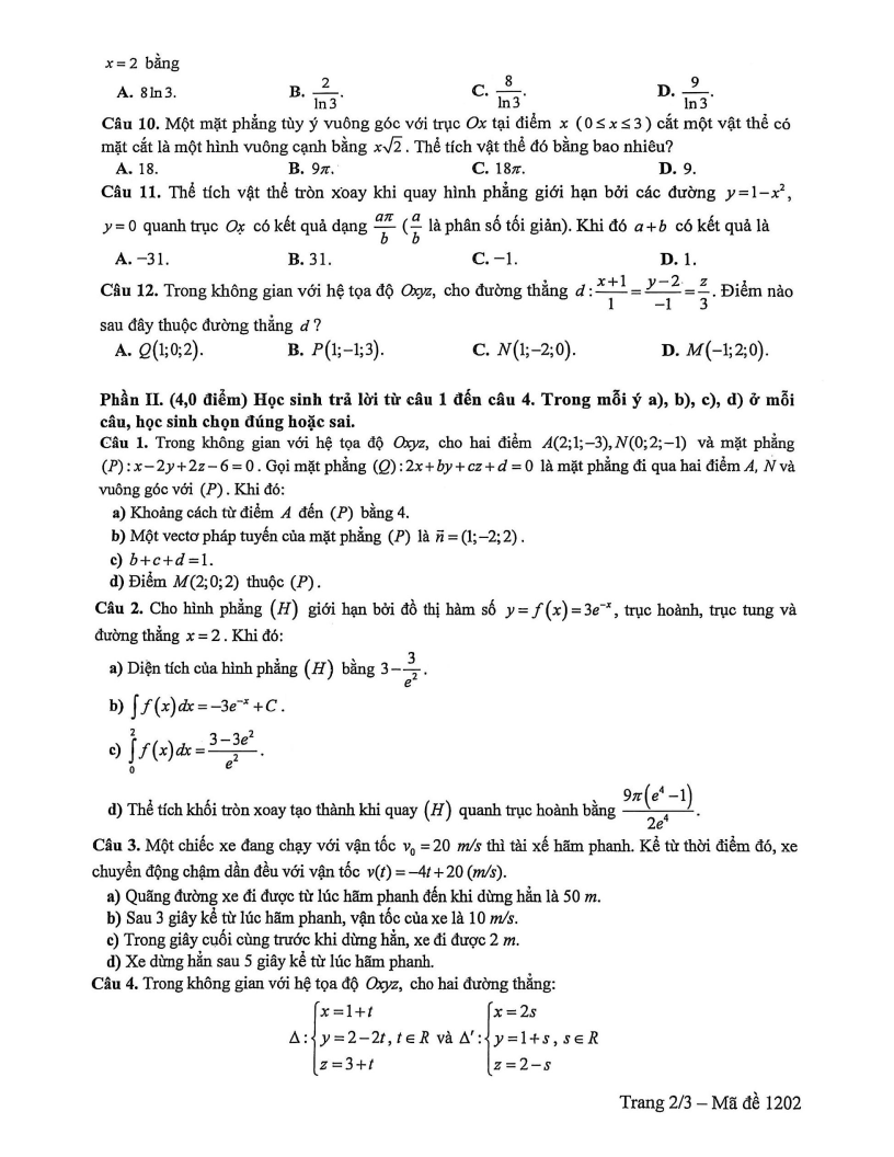 Đề thi Giữa kì 2 Toán 12 trường THPT Nguyễn Việt Hồng (Cần Thơ) năm 2025-2026