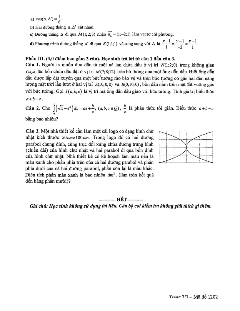 Đề thi Giữa kì 2 Toán 12 trường THPT Nguyễn Việt Hồng (Cần Thơ) năm 2025-2026