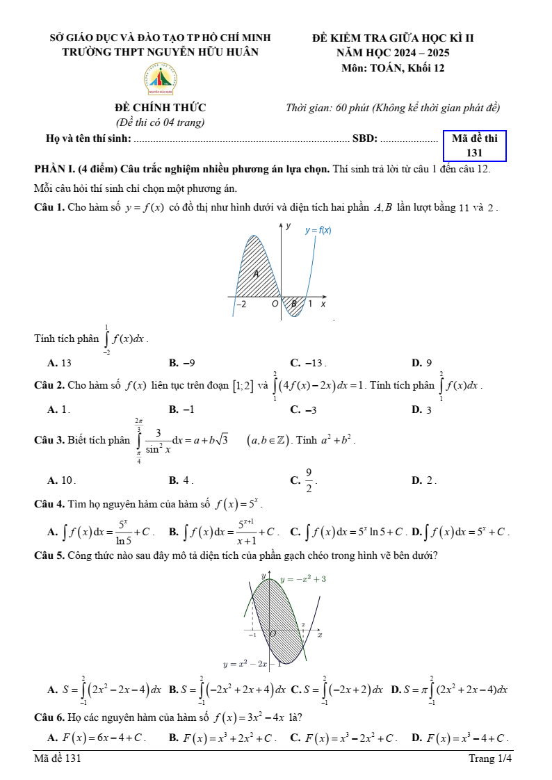 Đề thi Giữa kì 2 Toán 12 trường THPT Nguyễn Hữu Huân (Tp.HCM) năm 2024-2025