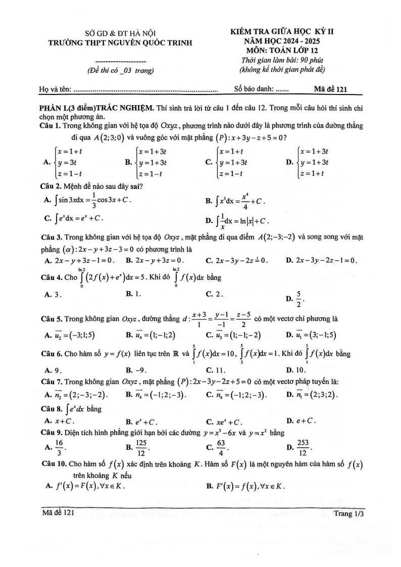 Đề thi Giữa kì 2 Toán 12 trường THPT Nguyễn Quốc Trinh (Hà Nội) năm 2024-2025