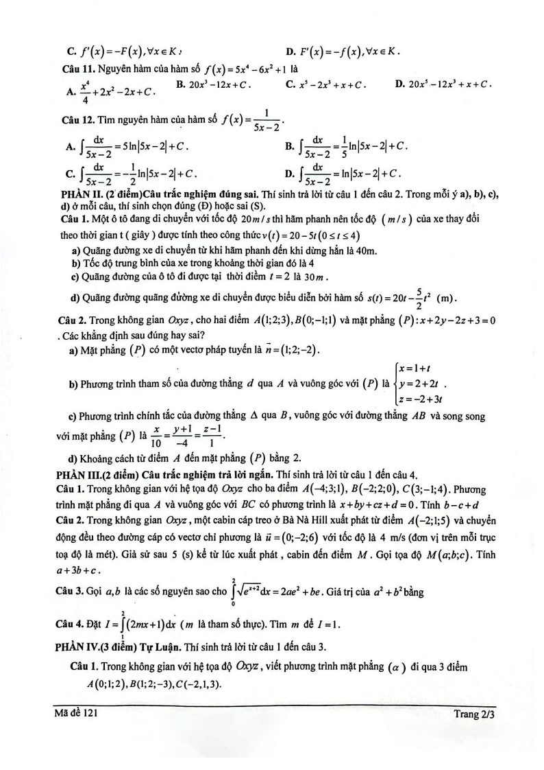 Đề thi Giữa kì 2 Toán 12 trường THPT Nguyễn Quốc Trinh (Hà Nội) năm 2024-2025