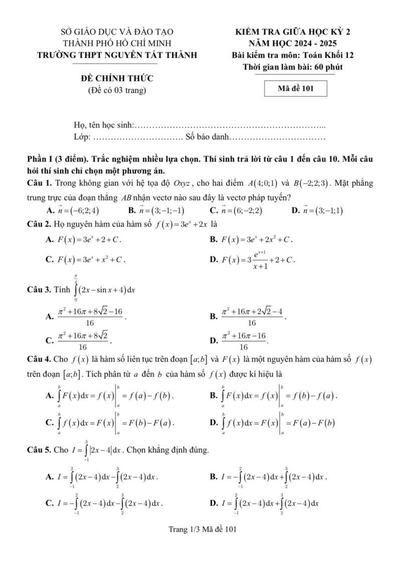 Đề thi Giữa kì 2 Toán 12 trường THPT Nguyễn Tất Thành (Tp.HCM) năm 2024-2025