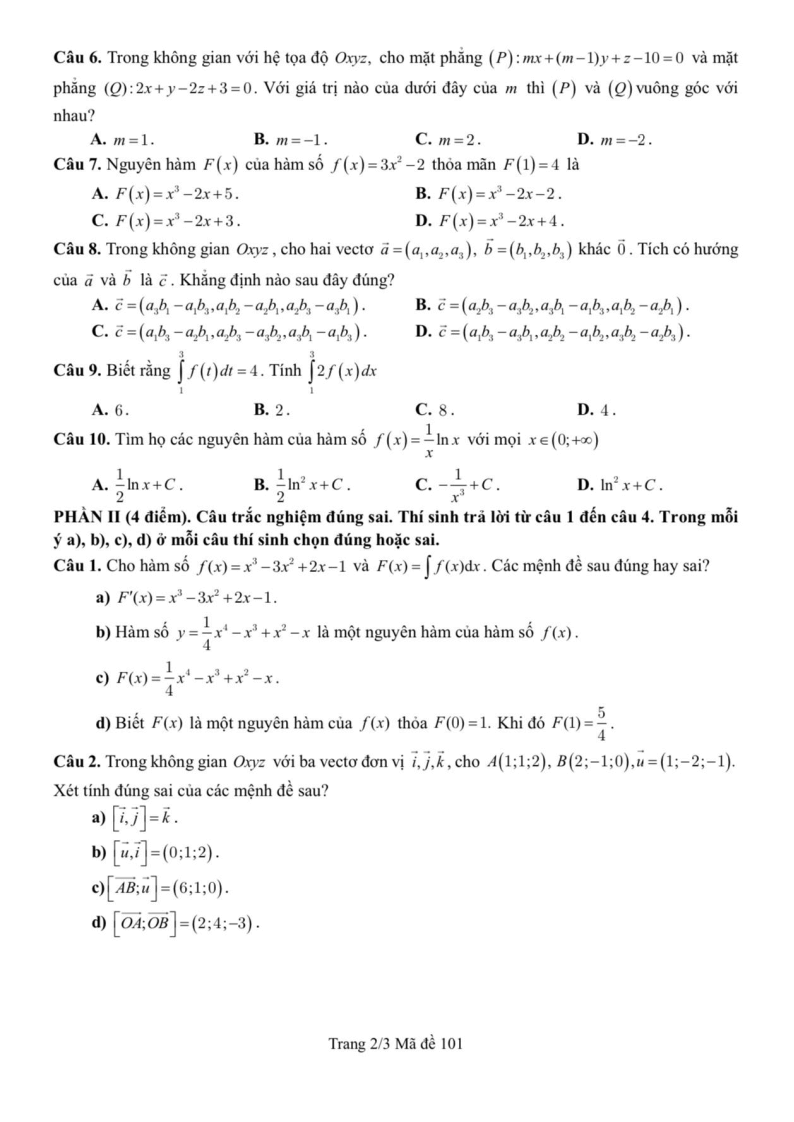 Đề thi Giữa kì 2 Toán 12 trường THPT Nguyễn Tất Thành (Tp.HCM) năm 2024-2025